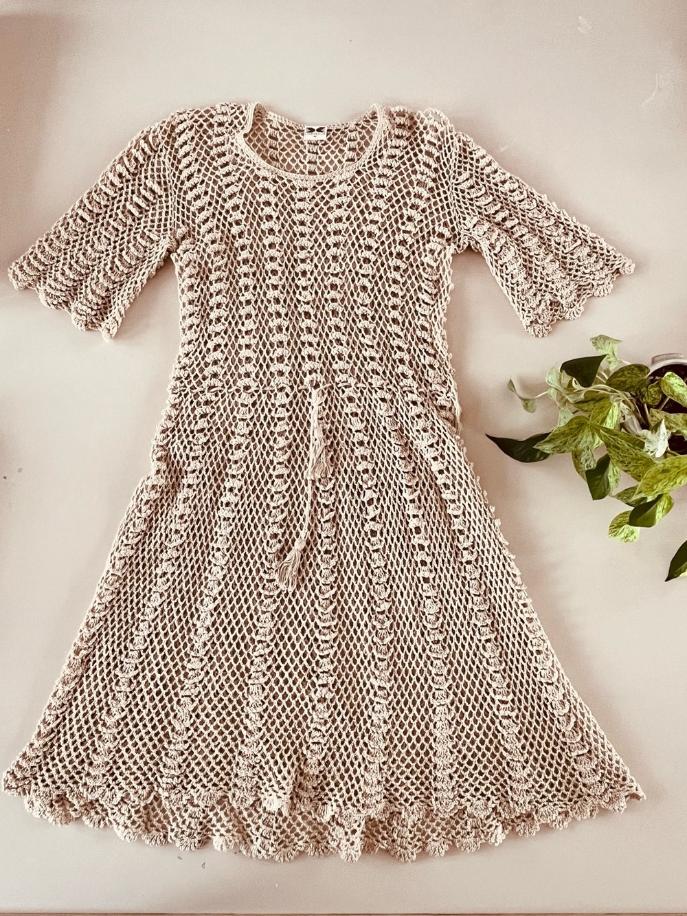Vintage beige crochet dress, 100% cotton